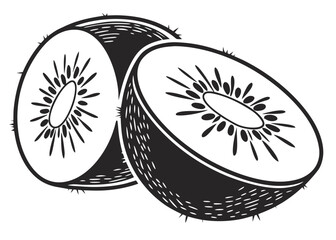 Stylized black and white illustration of two kiwis