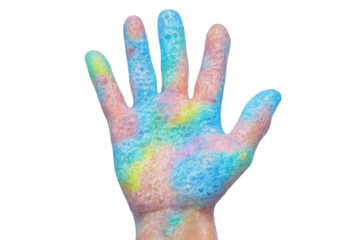 Hand washing with colorful soap suds, promoting hygiene, cleanliness, and diversity, on a transparent background