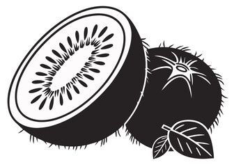 Stylized illustration of a whole and halved kiwi fruit