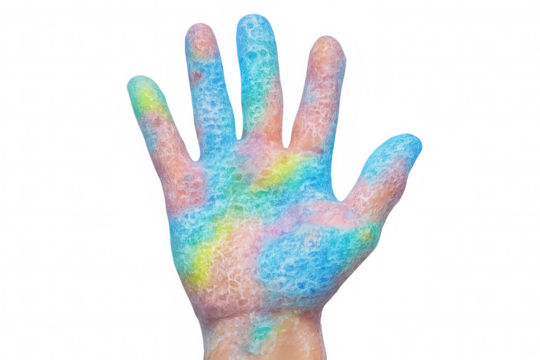 Hand washing with colorful soap suds, promoting hygiene, cleanliness, and diversity, on a transparent background