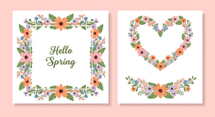 Decorative Floral Frames and Heart-Shaped Wreath with Hello Spring Text, Colorful Flowers.