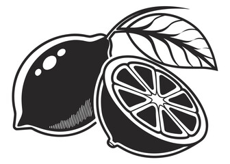 Stylized black and white lemon with leaf and slice