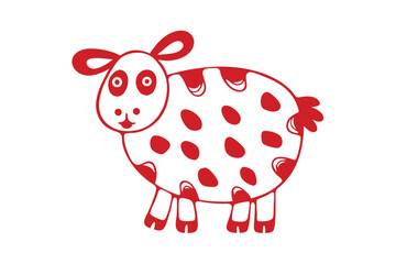 Cartoon sheep stands on white background, its body adorned with distinctive red markings