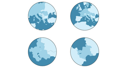 Explore Europe's diverse regions and countries depicted in four distinct circular map graphics, perfect for global business and travel presentations.