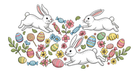 Four Adorable White Bunnies in Playful Running Poses with Pink-Lined Ears and Whiskers.