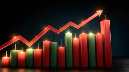 Red and green candle chart with glowing upward arrow symbolizing financial growth and positive market trend, rising financial chart with glowing candles and upward arrow showing success business - Powered by Adobe