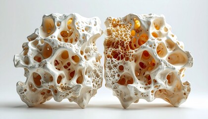 Two porous, irregularly shaped ceramic sculptures with intricate internal structures and glowing amber-colored interiors, presented against a neutral background.