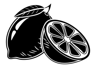 Stylized black and white illustration of a lemon and a lemon slice