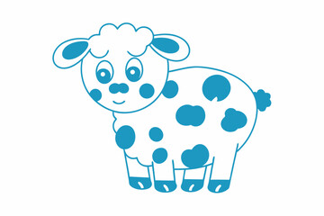 Cartoon sheep with blue spots stands happily against a white background