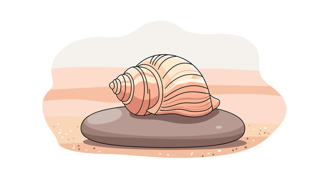 Illustrated pink spiral seashell with ridges, resting on a smooth grey oval stone, natural beach element.