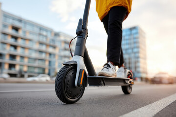 Person riding an electric scooter in a modern sustainable city