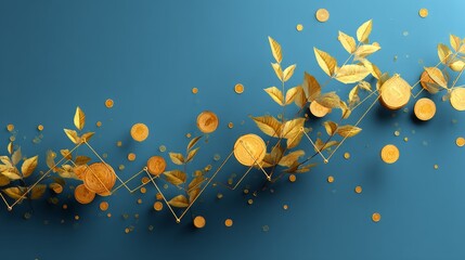 Modern digital finance concept, floating line graph trending upward with gold coins and leaves emerging from the data