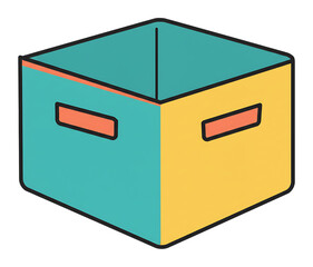空っぽの箱のイラスト、明るい色使いが特徴的、収納や整理整頓のイメージ、シンプルで使いやすい