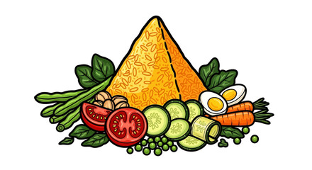 A colorful illustration of a traditional Indonesian rice dish with various fresh vegetables.
