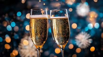 Two elegant champagne glasses filled with golden sparkling bubbles set against a background of festive fireworks, New Year parties, romance, luxury, happiness, joyful holidays, and celebration moments