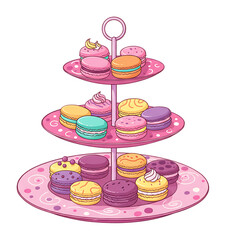カラフルなマカロンが並んだ可愛らしいデザートスタンドのイラスト, スイーツ, お菓子, 甘い誘惑