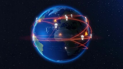Digital Earth surrounded by glowing red paths with skull and warning icons, representing a global cyber threat, hacker attack spreading across the planet in virtual simulation of digital vulnerability - Powered by Adobe