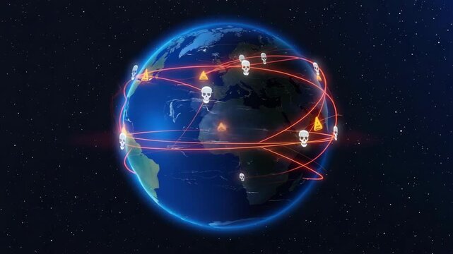 Digital Earth surrounded by glowing red paths with skull and warning icons, representing a global cyber threat, hacker attack spreading across the planet in virtual simulation of digital vulnerability