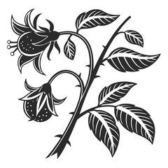 Stylized dark floral branch with bell shaped flowers and leaves