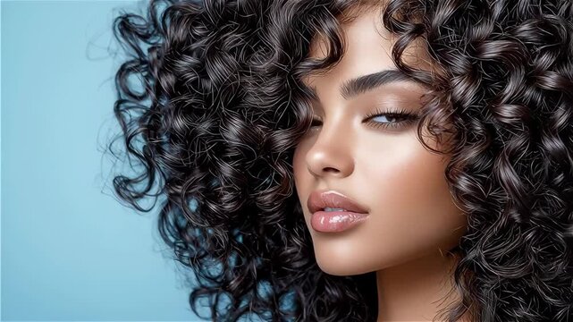 Curly hair beauty portrait woman with soft light on blue background, glossy lips and smooth skin, closeup serene glow evoking confidence and calm