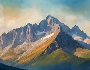 Abstract mountain ranges in morning light, digital watercolor. 