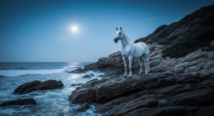White horse standing on rocky shore under a bright moonlit sky near the ocean