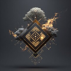 Abstract golden geometric diamond with glowing circuitry, winter tree, and fiery clouds on dark background.