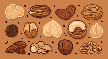 Obraz premium Collection of Various Nuts and Seeds in Cartoon Style.