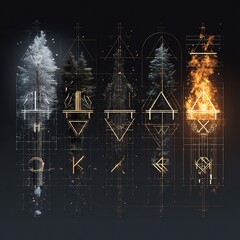 Abstract Geometric Diagram of Nature Elements: Ice, Trees, and Fire on Dark Background