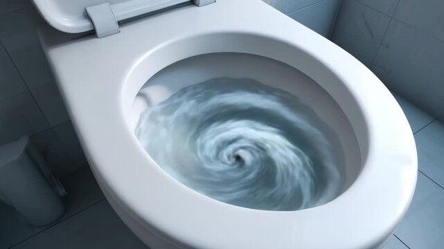 Toilet flushing with swirling water inside clean white ceramic bowl in modern bathroom setting showing motion and cleanliness with tiled floor and bright soft lighting for sanitary fixture