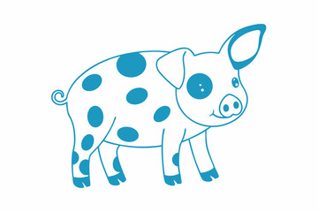 Cheerful blue outline of a pig with blue spots is standing calmly and happily