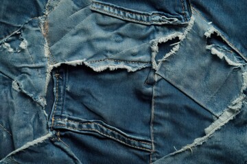 Naklejka premium Distressed denim fabric with patchwork and rips.