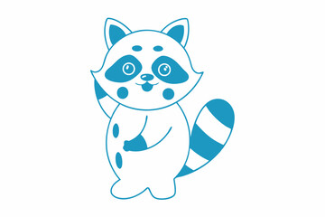 Cheerful blue raccoon with striped tail waves hello in a simple style