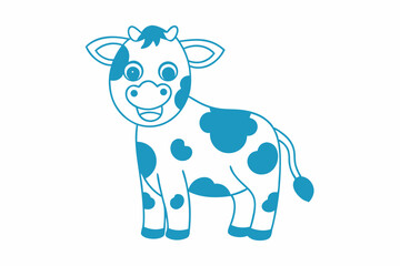 Cheerful cartoon cow smiles, showing its adorable blue spots on a white backdrop