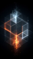 Abstract geometric cubes with glowing orange fire and blue ice energy. Digital technology background.