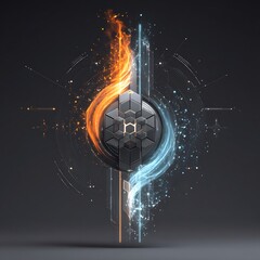 Abstract Duality: Geometric Hexagonal Core with Dynamic Fiery Orange and Icy Blue Energy