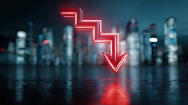 Red neon arrow decline financial loss trend reflected on wet surface with blurred cityscape night background creating dramatic intense reflection atmosphere