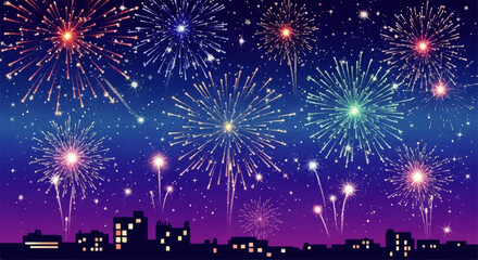 Vibrant City Skyline Illuminated by Spectacular Fireworks Display.