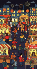 Bustling Night Market Scene with Festive Lanterns and Crowds.