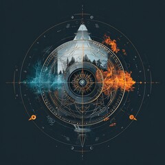 Intricate Circular Esoteric Compass with Fire and Ice Duality, Mountain Landscape, and Geometric Symbols on a Dark Background
