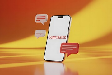Modern smartphone displaying a confirmation message surrounded by chat bubbles on a warm gradient background with reflective surface symbolizing digital communication and successful transactions
