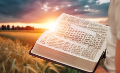 Person hold a Holy Bible book on a field