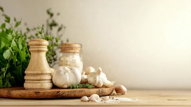 Wooden board with garlic, herbs, and spices on kitchen counter