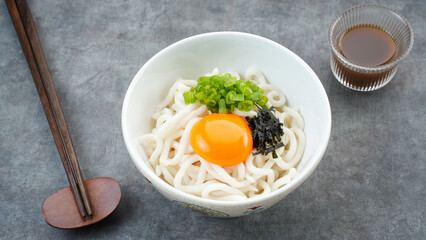 Udon Noodles with egg yolk and dashi soup, japanese food