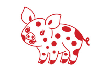 Cheerful red outlined pig with spots stands playfully on a white background