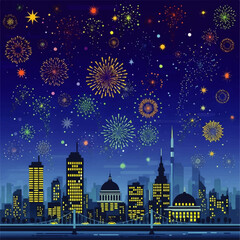 Vibrant City Skyline Illuminated by Dazzling Fireworks Display.