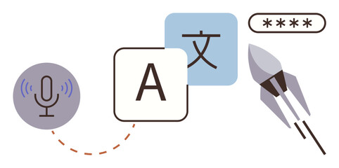 Microphone for voice input, language translation blocks, rocket for progression, and password field for security. Ideal for technology, innovation, language learning, global connectivity, data