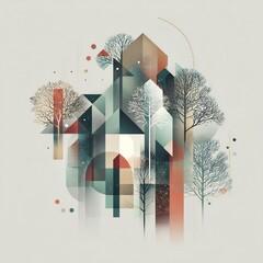 Abstract Geometric Landscape with Modern Architectural Shapes and Stylized Bare Trees
