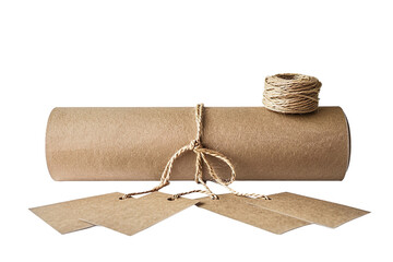 Brown Paper Tube with Blank Tags and Twine on a transparent background 
