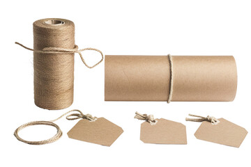 Brown Paper Tube with Blank Tags and Twine on a transparent background 